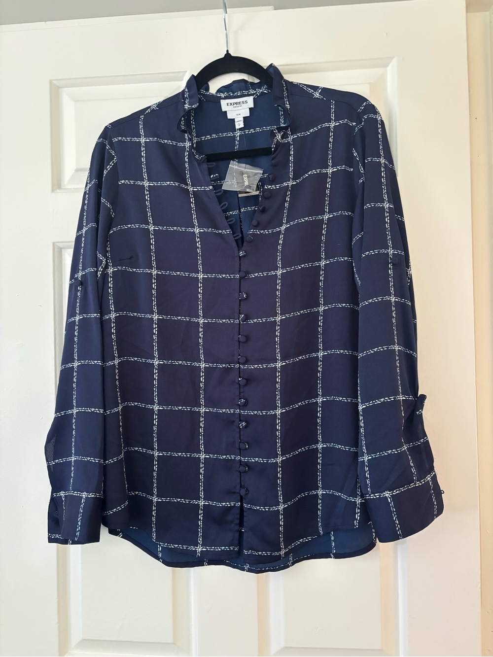 Express Portofino Shirt - L Slim - Navy Windowpane Plaid NWT Button Down Blouse - Picture 3 of 7